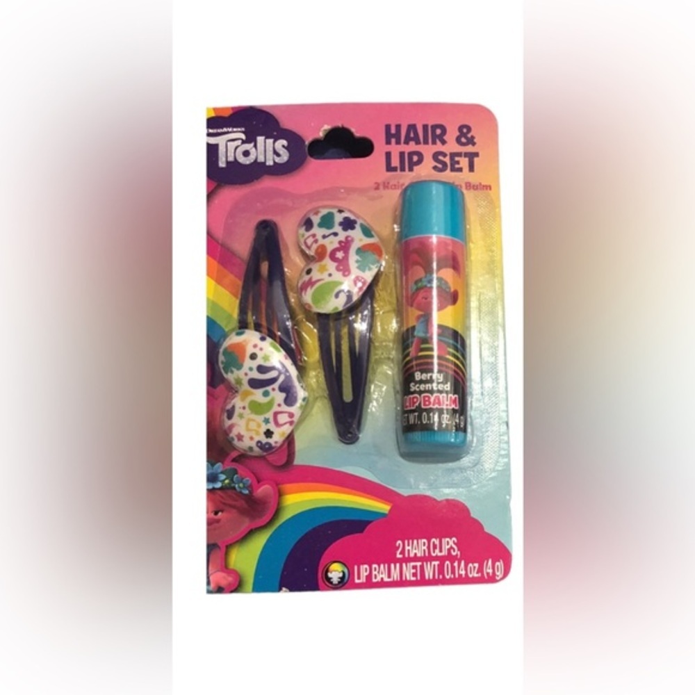 2 sets of Trolls 2piece hair clip &‎ lip balm set - new